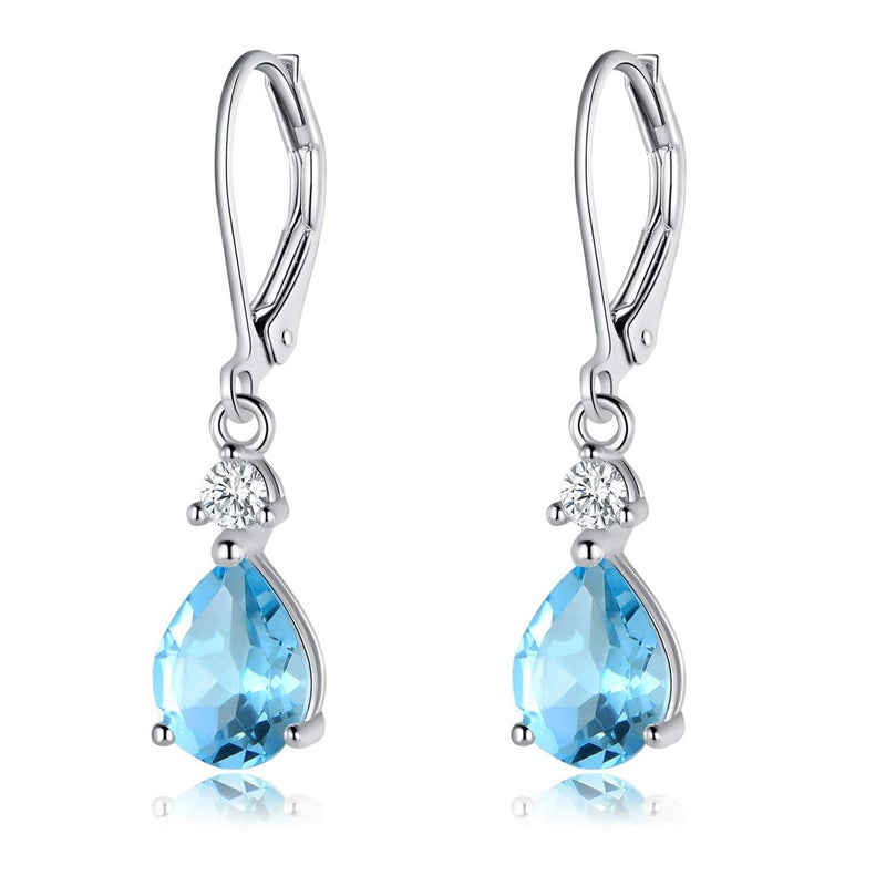 VOLUKA 925 Sterling Silver 7 * 9mm Blue Topaz Teardrop Leverback Earrings Drop Dangly Gemstone Dangle Earrings Hypoallergenic Jewelry Birthday Gifts for Women - Image 1